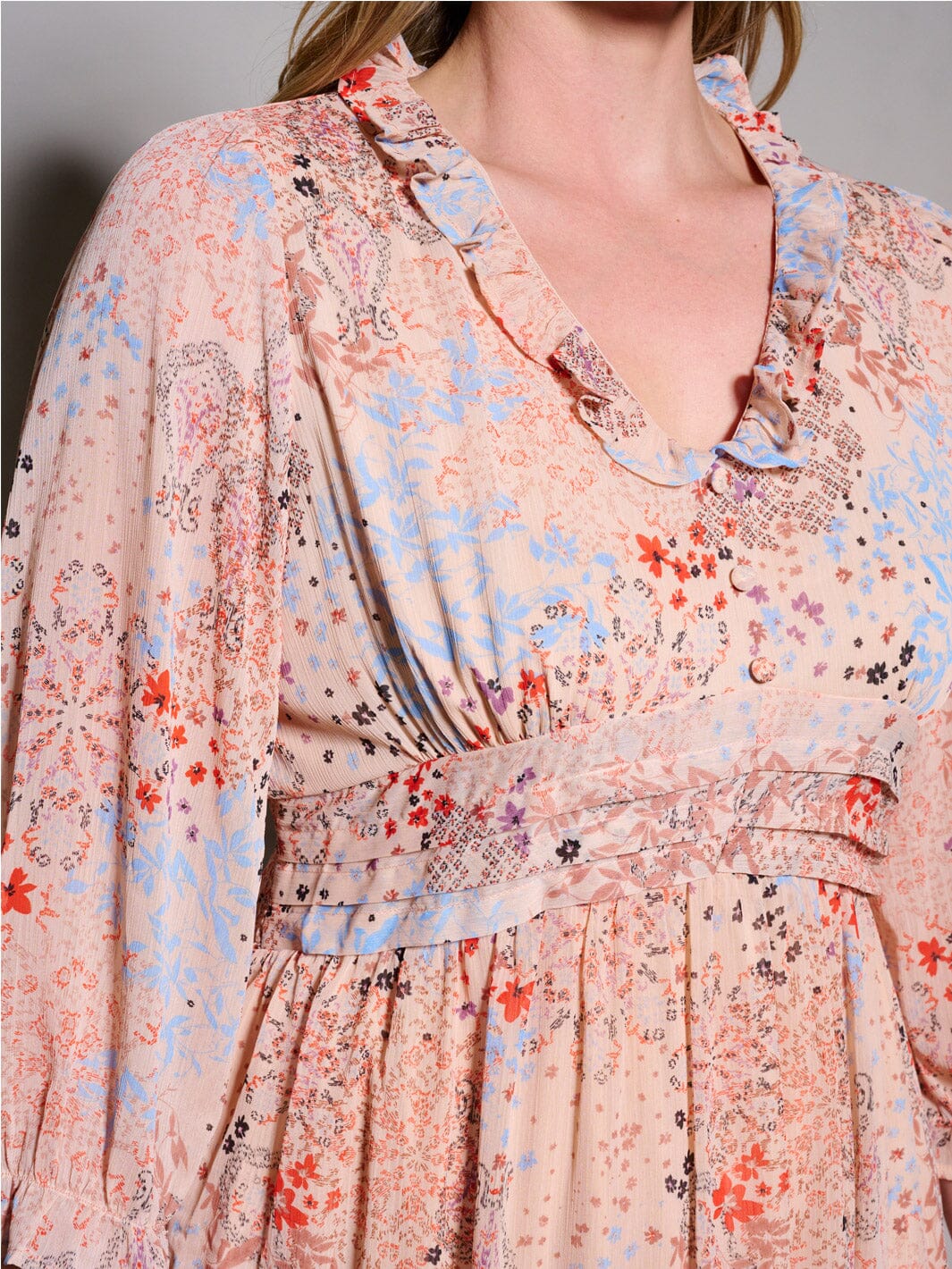 PLUS SIZE 3/4 SLEEVES V-NECK SMOCK WAIST RUFFLE MULTI PRINT MIDI DRESS