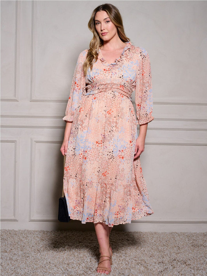 PLUS SIZE 3/4 SLEEVES V-NECK SMOCK WAIST RUFFLE MULTI PRINT MIDI DRESS