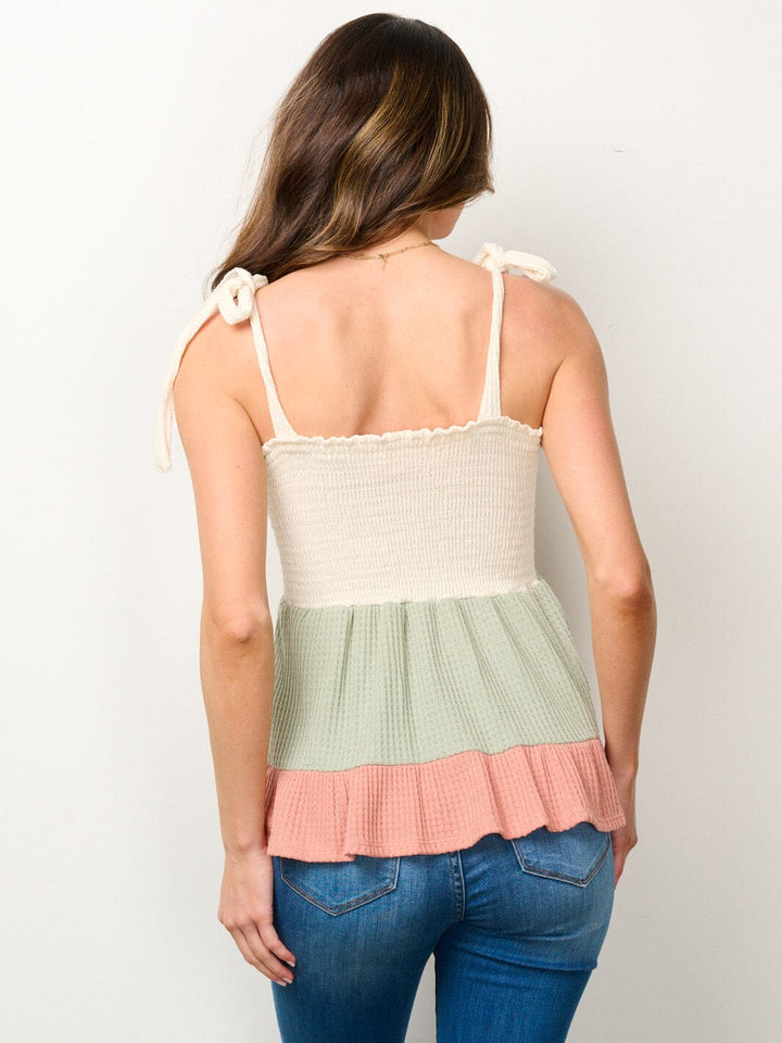 WOMEN'S SLEEVELESS SMOCK RUFFLE TIERED COLORBLOCK TANK TOP