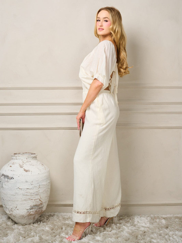 WOMEN'S SHORT PUFF SLEEVE CUT OUT OPEN BACK WIDE LEG JUMPSUIT