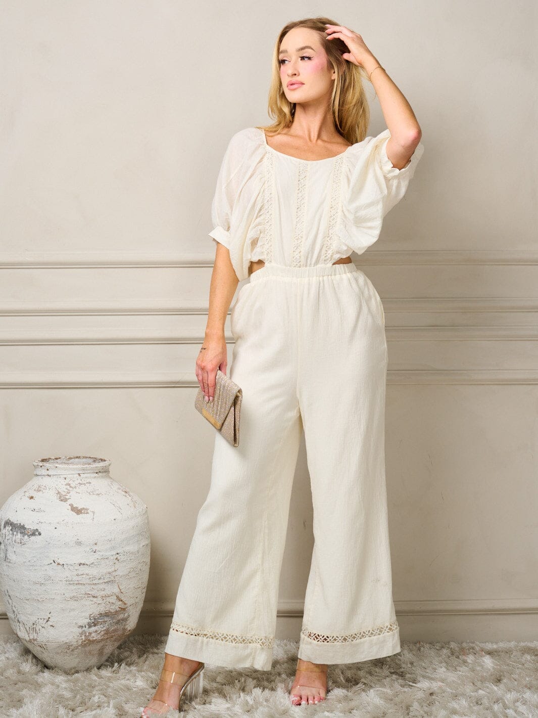WOMEN'S SHORT PUFF SLEEVE CUT OUT OPEN BACK WIDE LEG JUMPSUIT