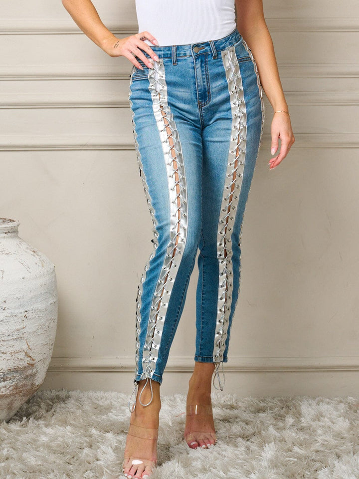 WOMEN'S BUTTON CLOSURE POCKETS SKINNY LACE UP DENIM JEANS