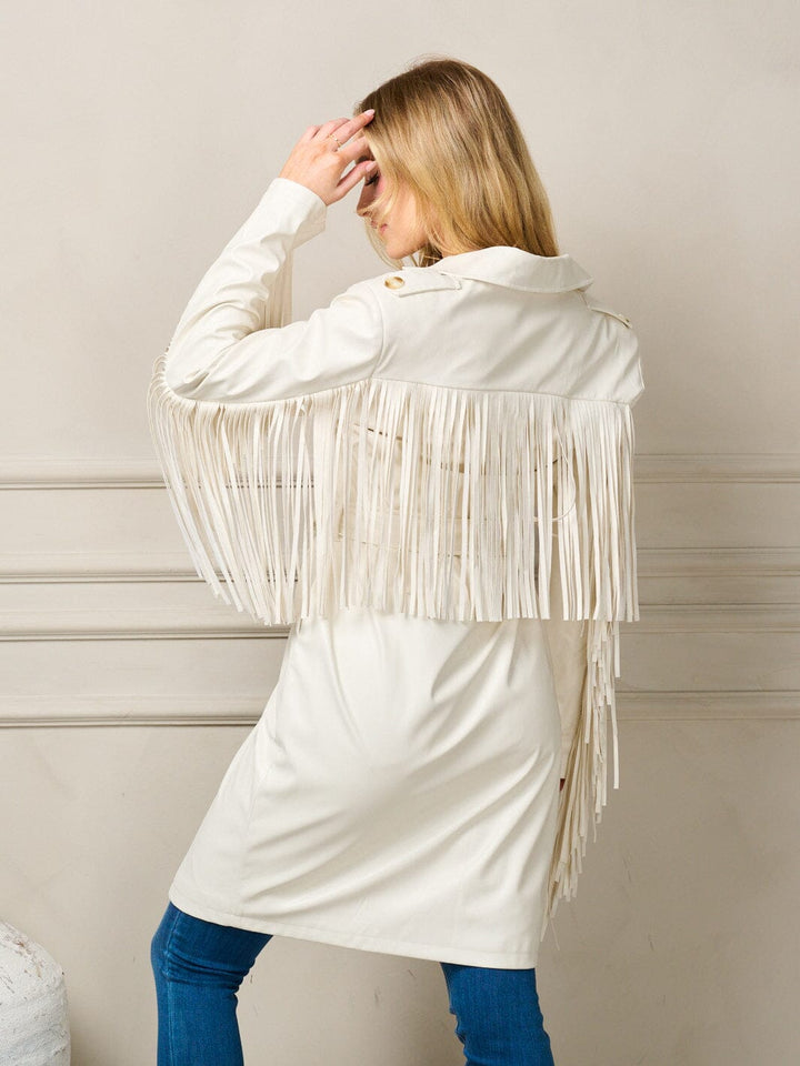 WOMEN'S LONG SLEEVE BUTTON CLOSURE PU PLEATHER FRINGE JACKET