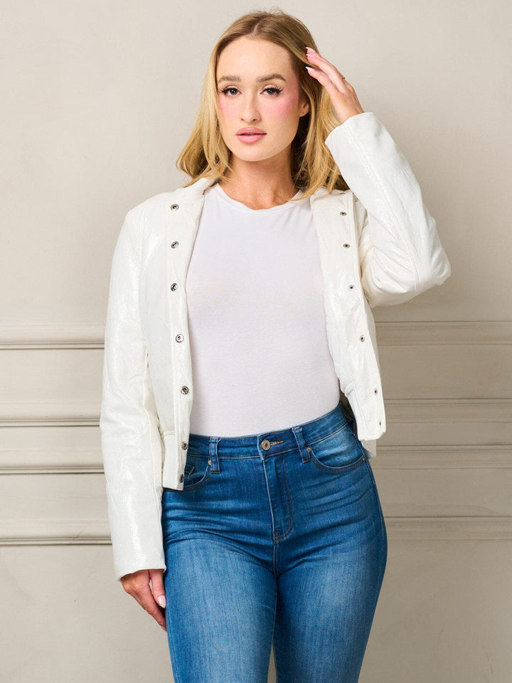 WOMEN'S LONG SLEEVE BUTTON CLOSURE PU POCKETS JACKET