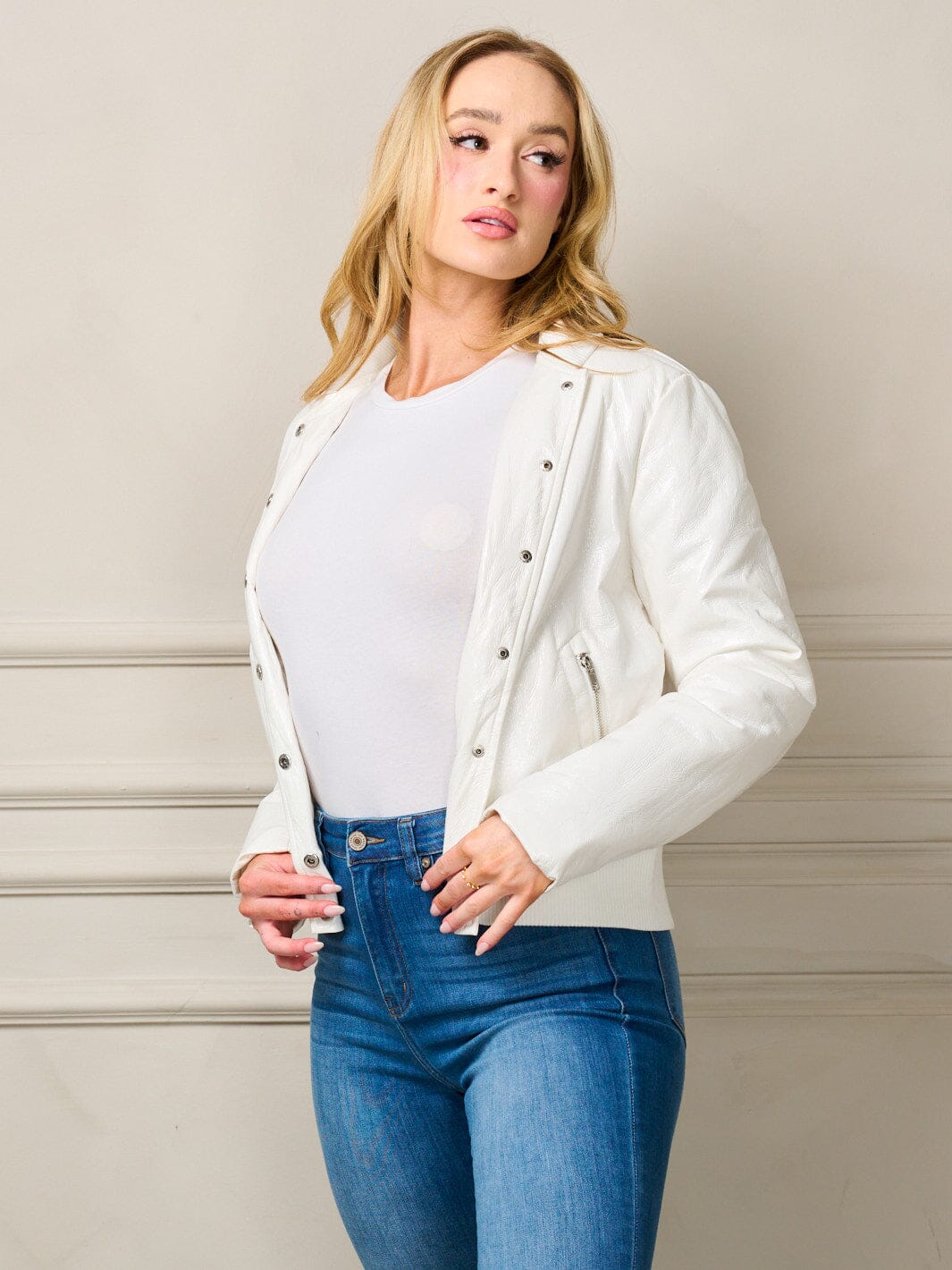 WOMEN'S LONG SLEEVE BUTTON CLOSURE PU POCKETS JACKET