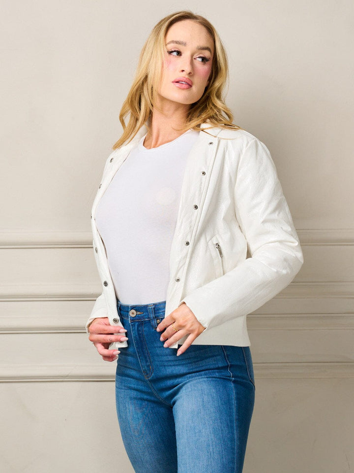 WOMEN'S LONG SLEEVE BUTTON CLOSURE PU POCKETS JACKET