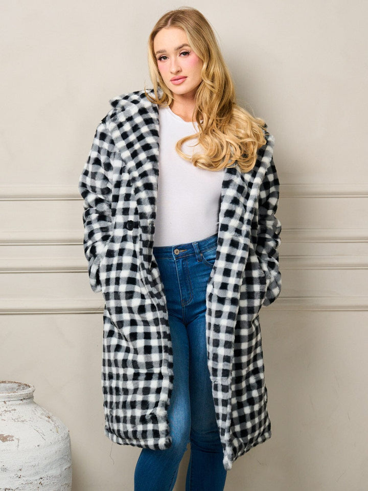WOMEN'S LONG SLEEVE BUTTON CLOSURE POCKETS CHECKERS COAT