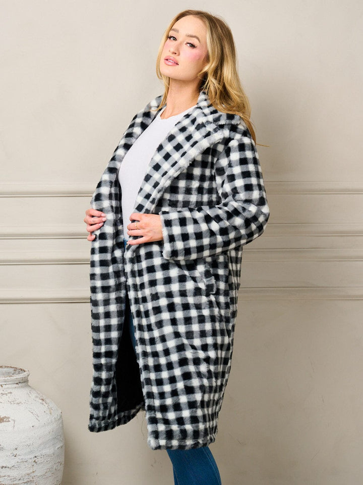 WOMEN'S LONG SLEEVE BUTTON CLOSURE POCKETS CHECKERS COAT