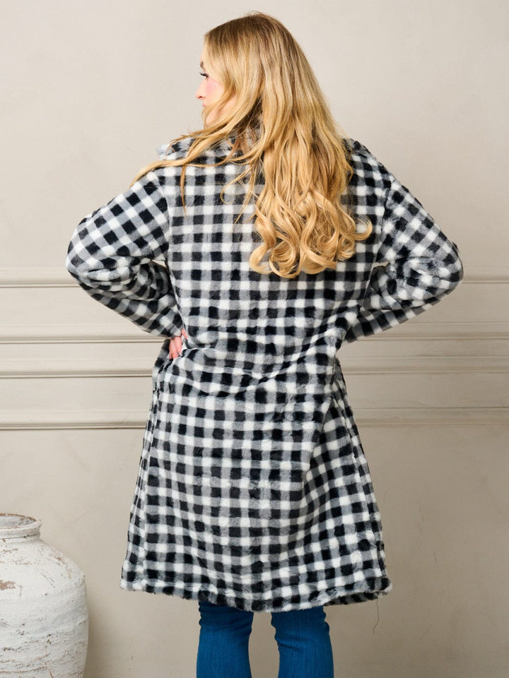 WOMEN'S LONG SLEEVE BUTTON CLOSURE POCKETS CHECKERS COAT