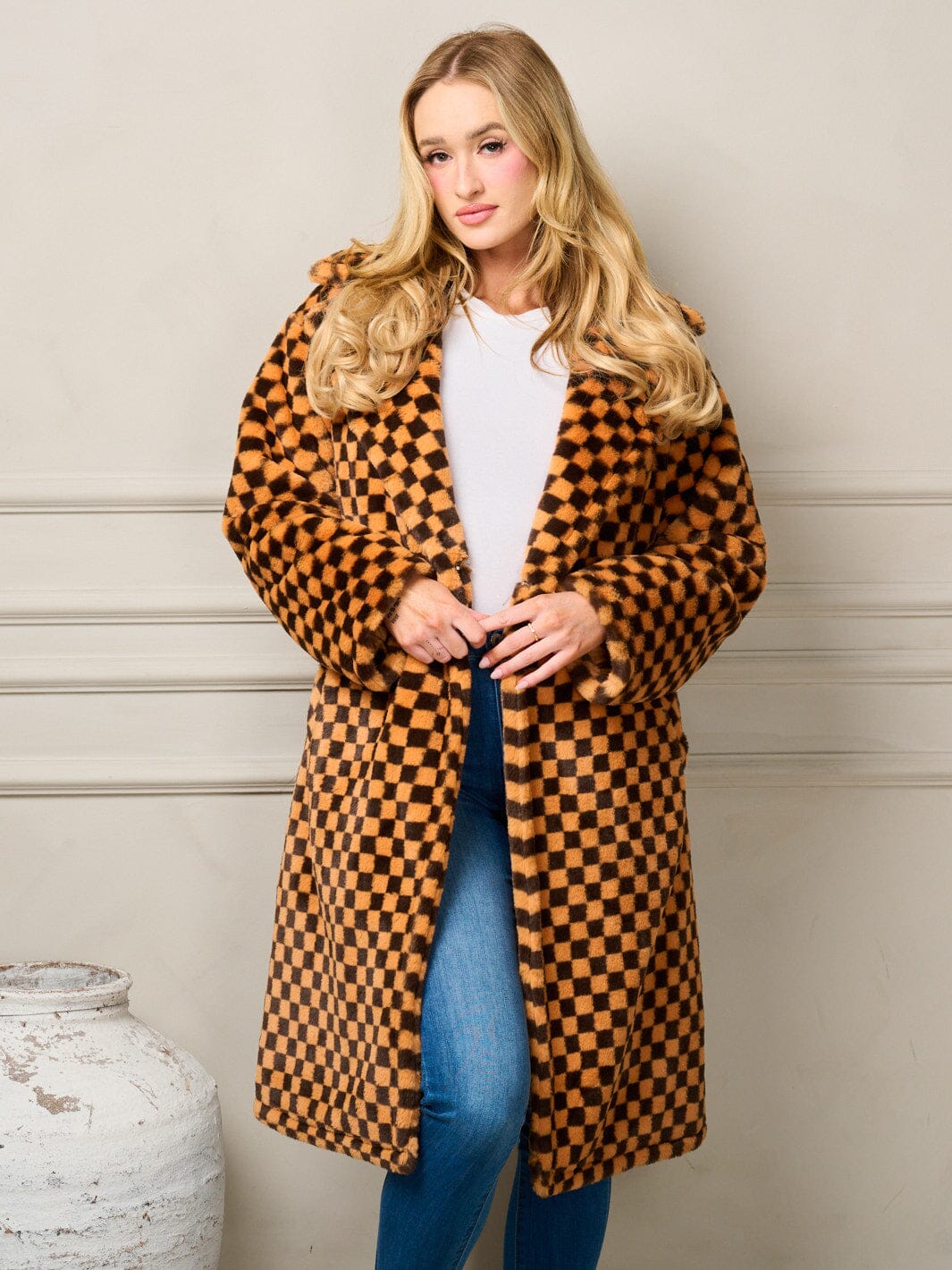 WOMEN'S LONG SLEEVE BUTTON CLOSURE POCKETS CHECKERS COAT