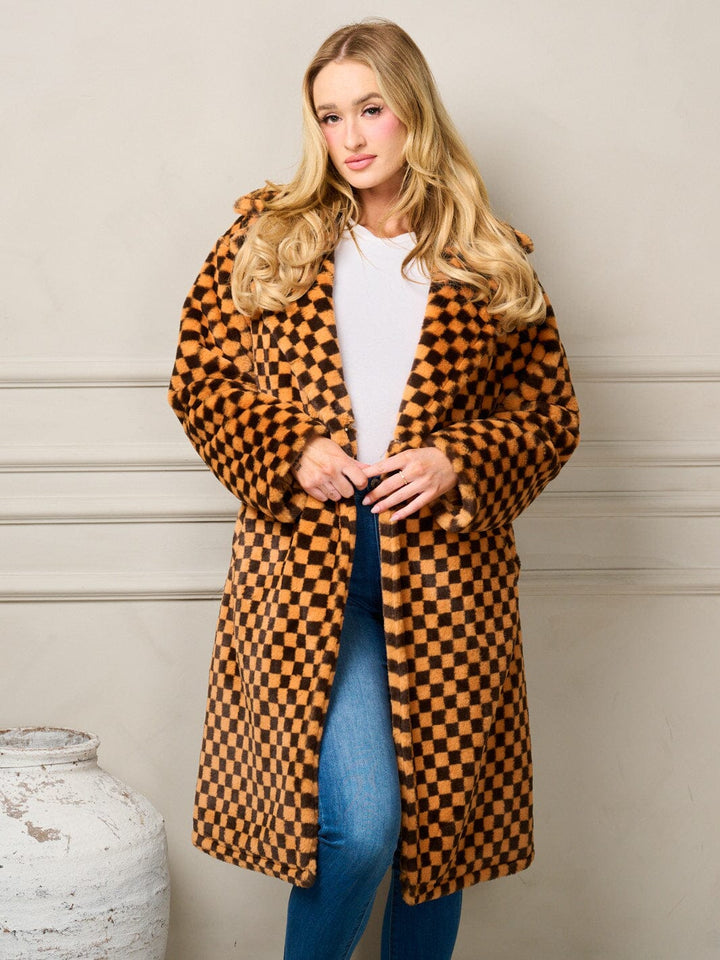 WOMEN'S LONG SLEEVE BUTTON CLOSURE POCKETS CHECKERS COAT