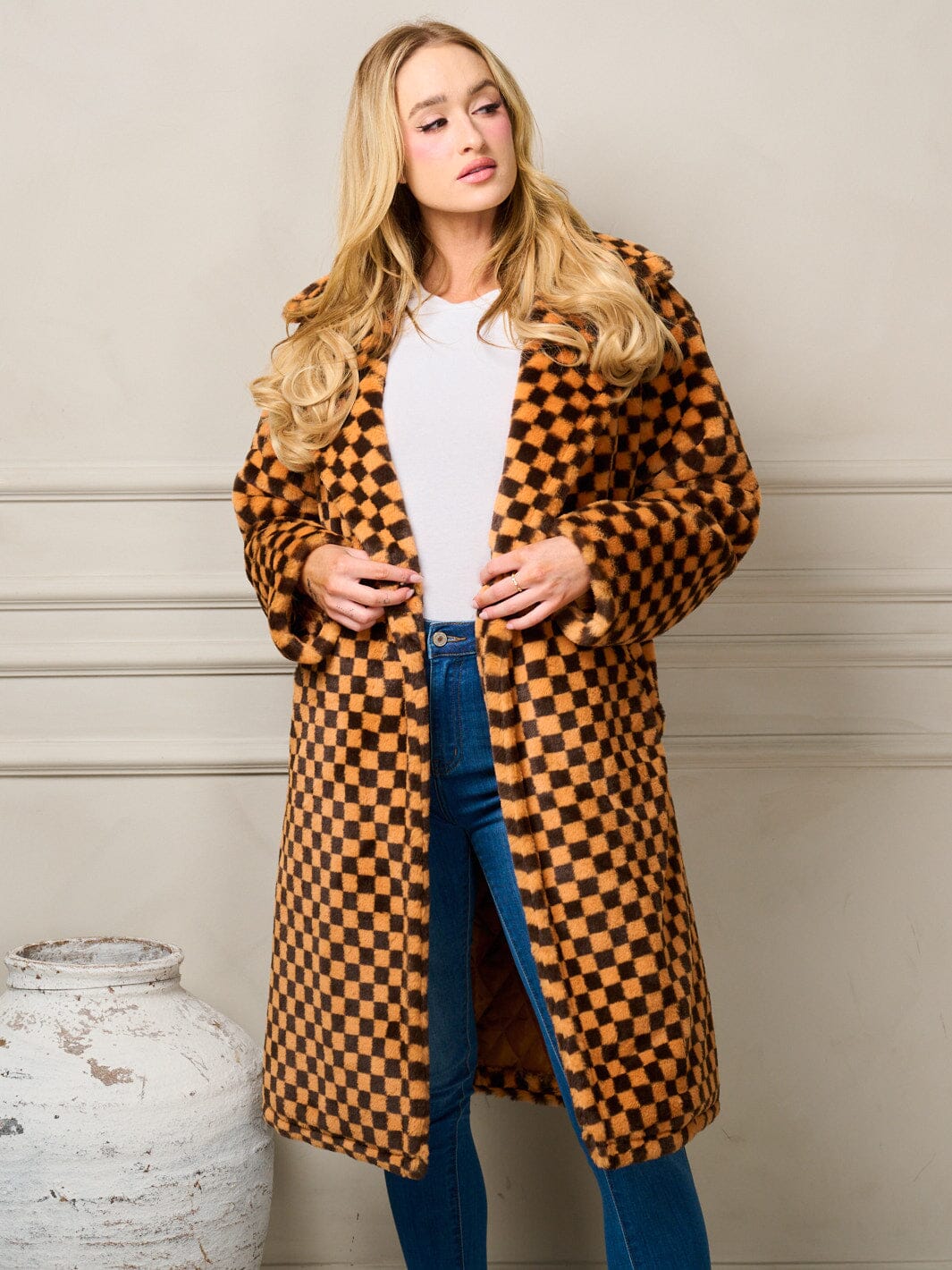 WOMEN'S LONG SLEEVE BUTTON CLOSURE POCKETS CHECKERS COAT