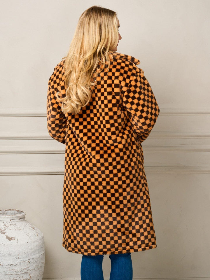 WOMEN'S LONG SLEEVE BUTTON CLOSURE POCKETS CHECKERS COAT