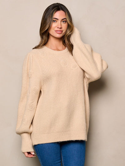 WOMEN'S LONG BALLON SLEEVE FLORAL DETAILED SWEATER