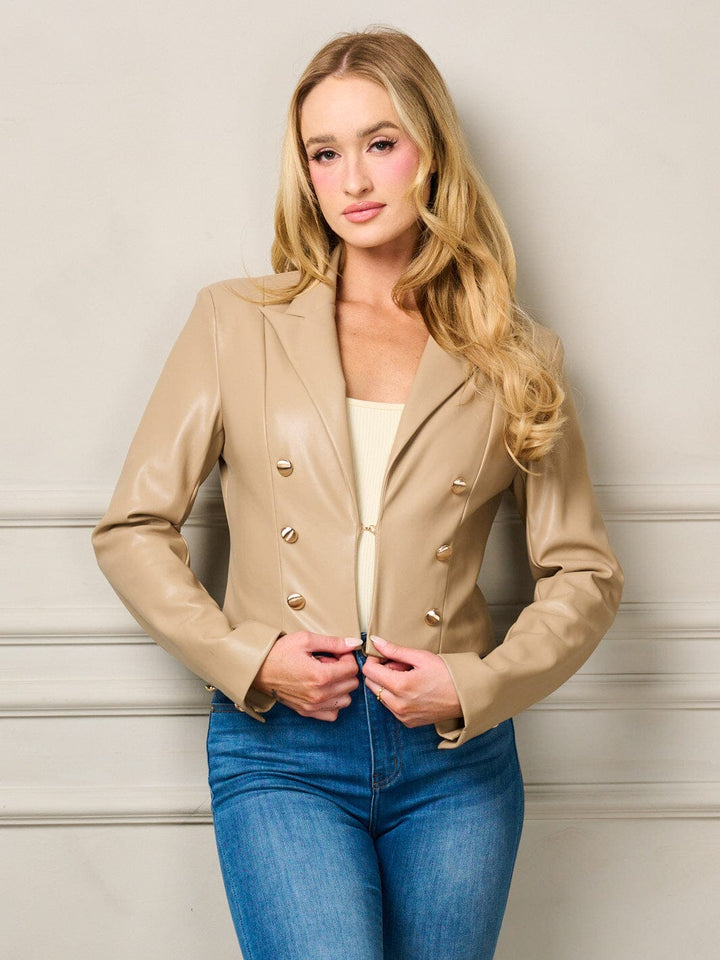 WOMEN'S LONG SLEEVE BUTTON CLOSURE PU PLEATHER JACKET