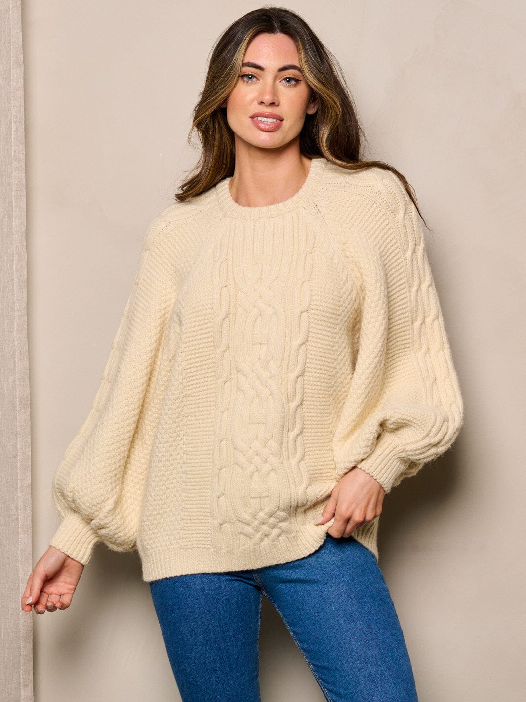 WOMEN'S LONG BALLON SLEEVE KNIT DETAILED SWEATER