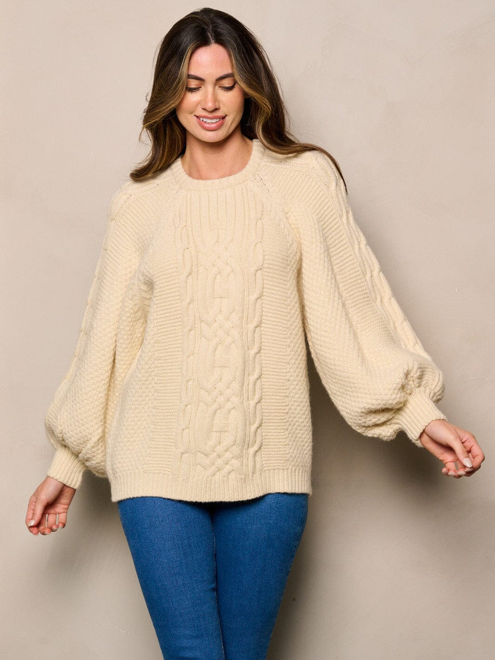 WOMEN'S LONG BALLON SLEEVE KNIT DETAILED SWEATER