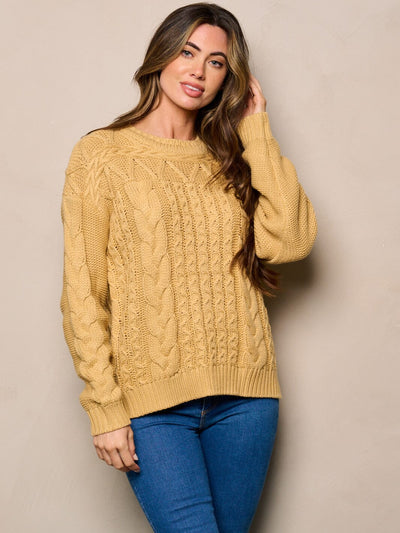 WOMEN'S LONG SLEEVE CABLE KNIT DETAILED SWEATER