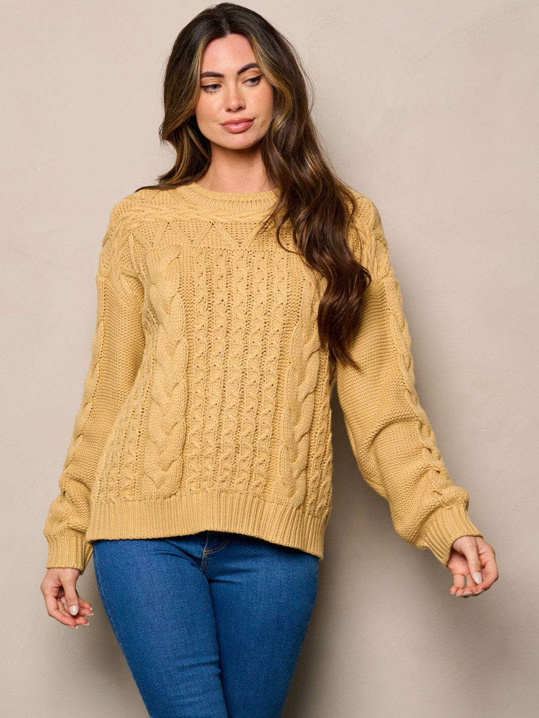 WOMEN'S LONG SLEEVE CABLE KNIT DETAILED SWEATER