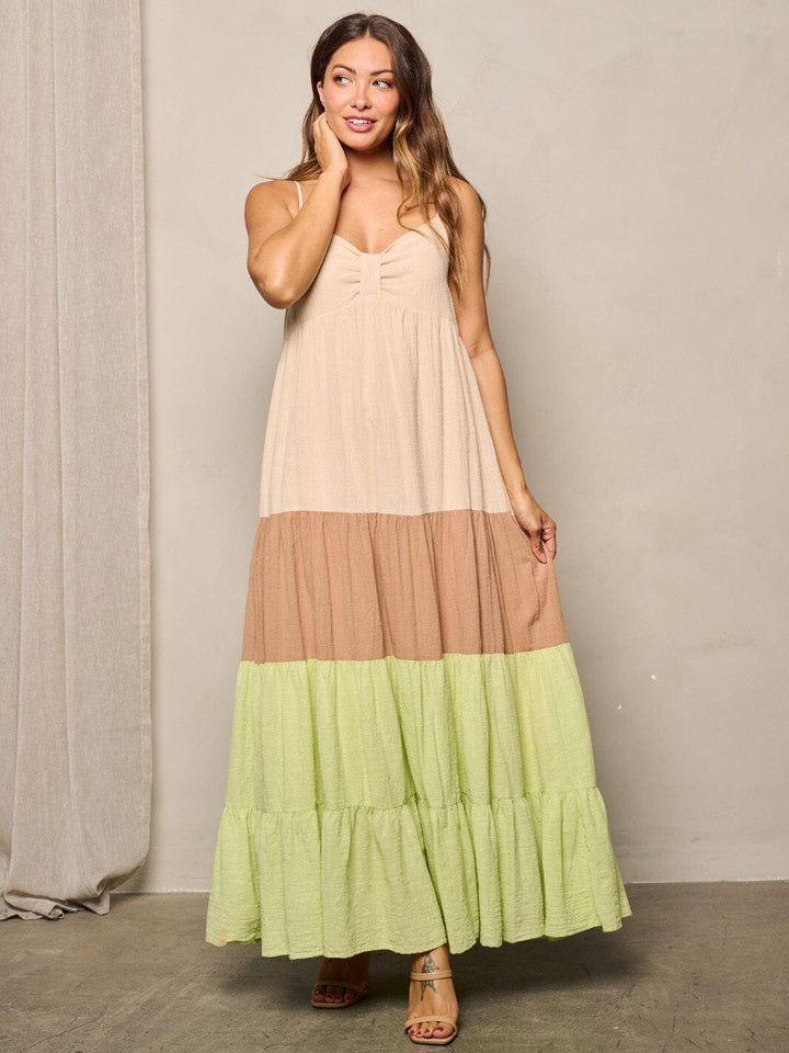 WOMEN'S SLEEVELESS V-NECK COLORBLOCK TIERED MAXI DRESS