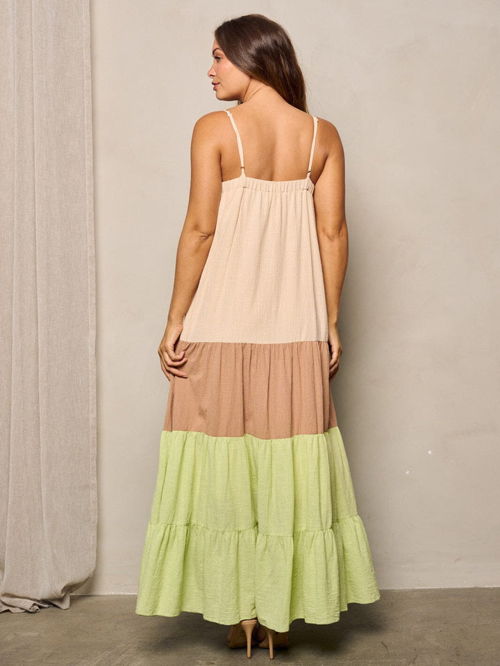 WOMEN'S SLEEVELESS V-NECK COLORBLOCK TIERED MAXI DRESS