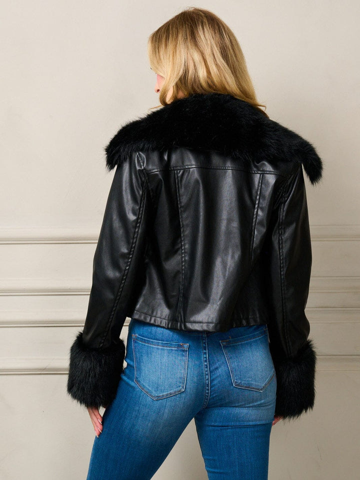 WOMEN'S LONG SLEEVE ZIP UP FAUX FUR PLEATHER JACKET