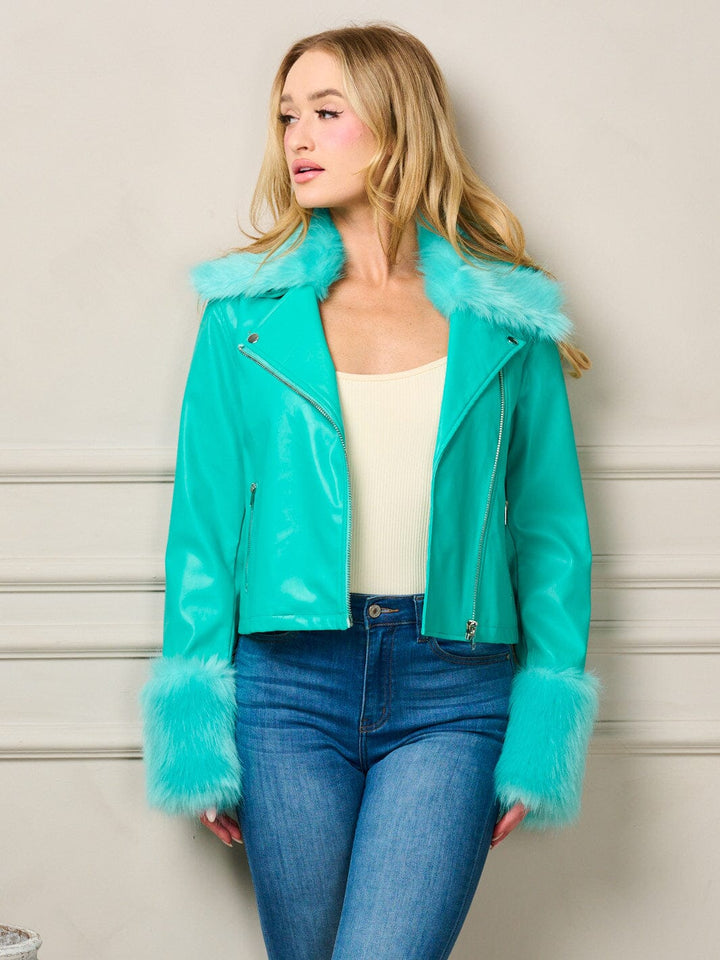 WOMEN'S LONG SLEEVE ZIP UP FAUX FUR PLEATHER JACKET