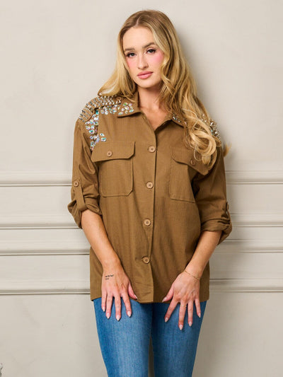WOMEN'S LONG SLEEVE BUTTON UP STUDS DETAILED BLOUSE TOP