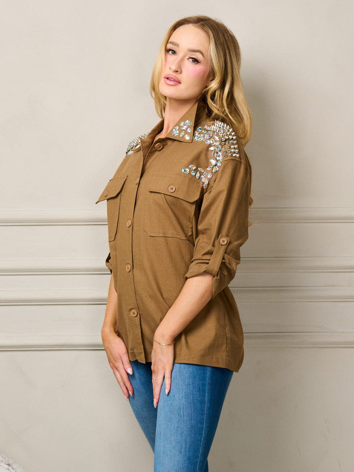 WOMEN'S LONG SLEEVE BUTTON UP STUDS DETAILED BLOUSE TOP