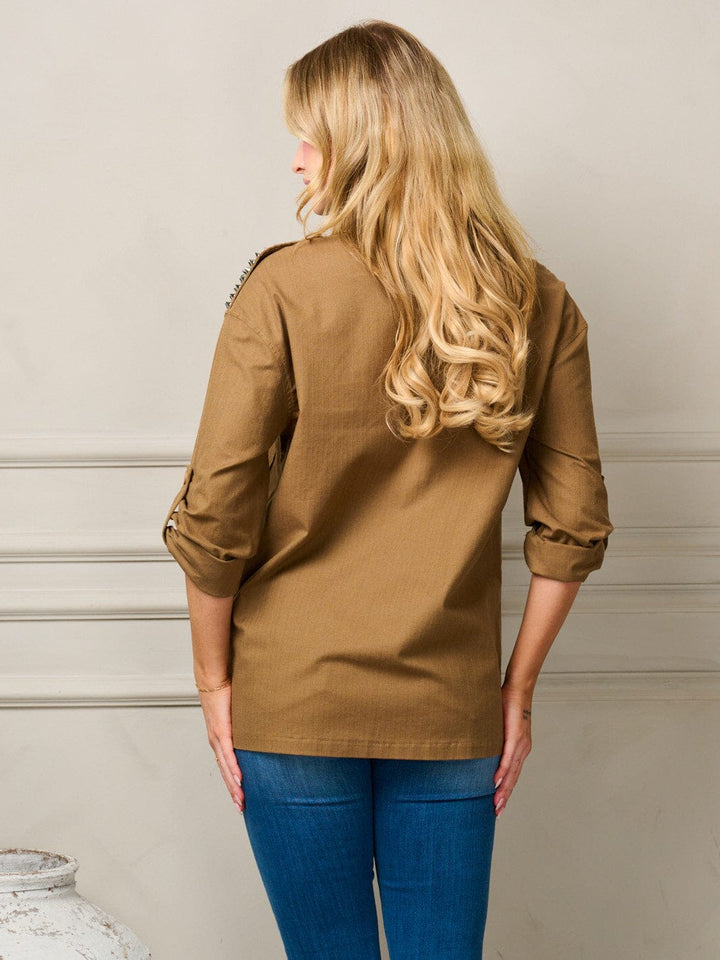WOMEN'S LONG SLEEVE BUTTON UP STUDS DETAILED BLOUSE TOP
