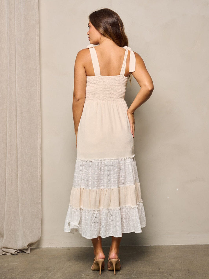 WOMEN'S SLEEVELESS SMOCK COLORBLOCK TIERED MAXI DRESS