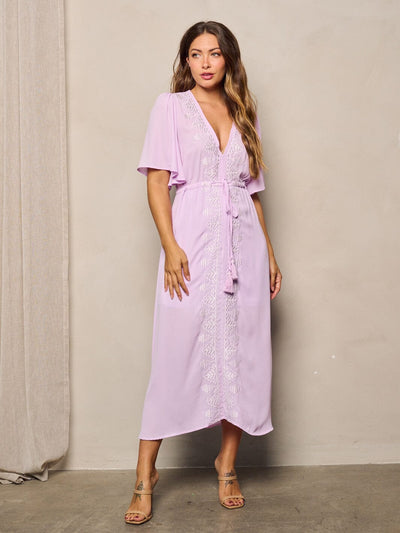 WOMEN'S SHORT SLEEVES SELF TIE V-NECK EMBROIDERY MIDI DRESS