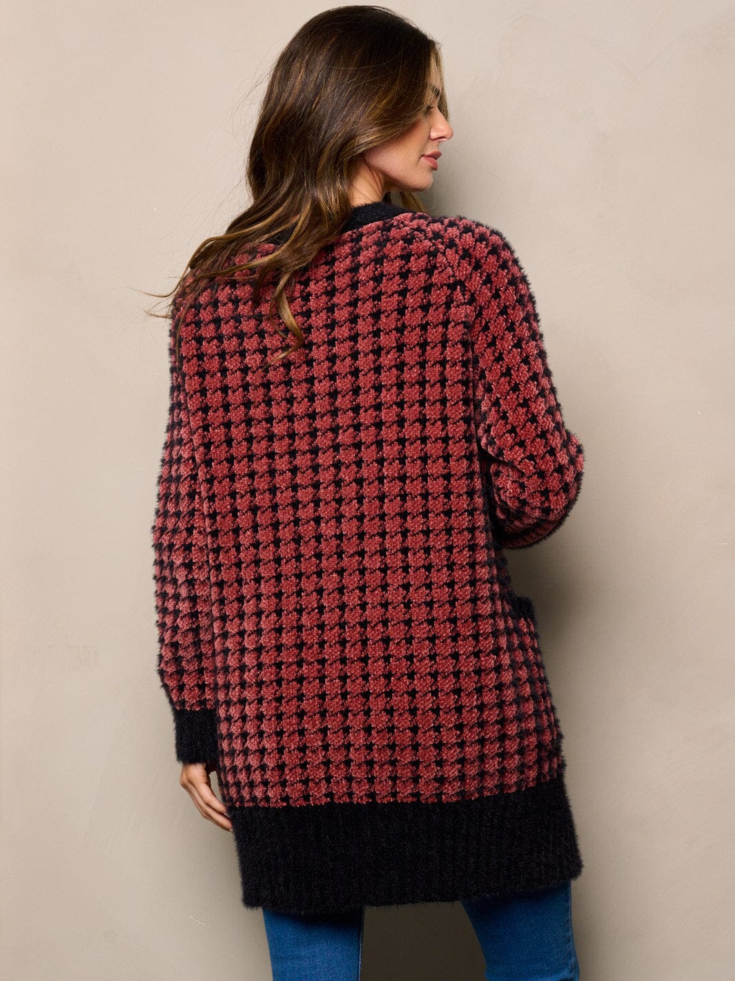WOMEN'S LONG SLEEVES OPEN FRONT POCKETS FUZZY COLORBLOCK CARDIGAN