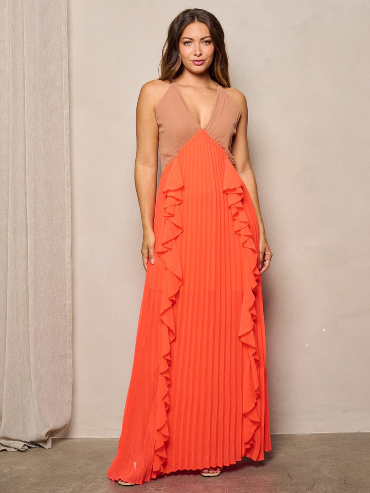 WOMEN'S SLEEVELESS V-NECK COLORBLOCK OPEN BACK PLEATED MAXI DRESS