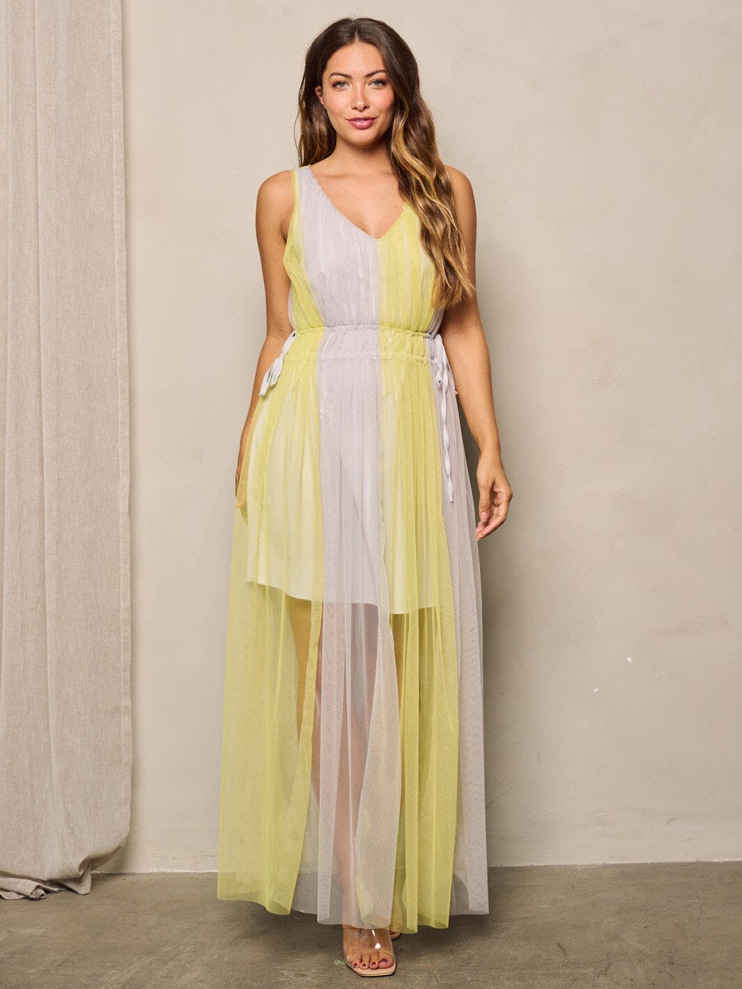 WOMEN'S SLEEVELESS V-NECK COLORBLOCK MESH MAXI DRESS