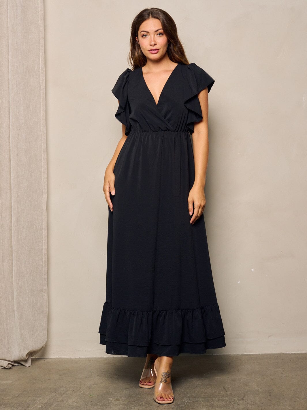 WOMEN'S SLEEVELESS RUFFLE SURPLICE BACK TIE MAXI DRESS