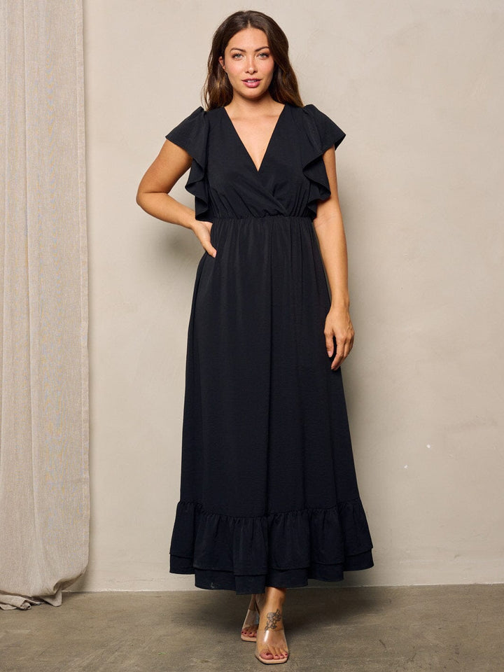 WOMEN'S SLEEVELESS RUFFLE SURPLICE BACK TIE MAXI DRESS