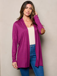 WOMEN'S LONG SLEEVE ELBOW PATCHED OPEN FRONT SOLID CARDIGAN