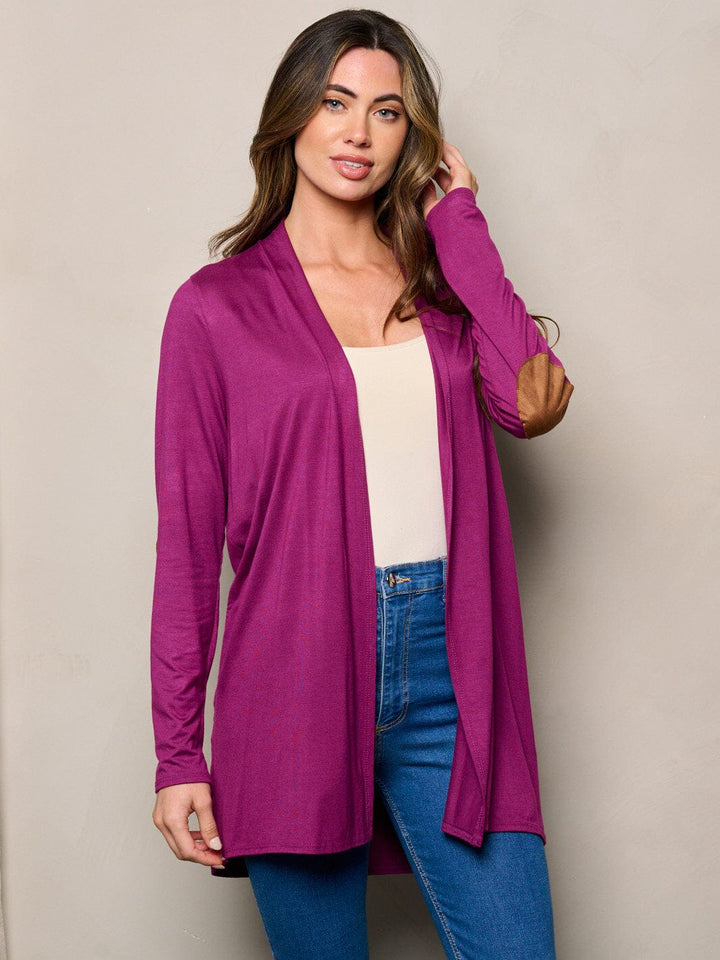 WOMEN'S LONG SLEEVE ELBOW PATCHED OPEN FRONT SOLID CARDIGAN