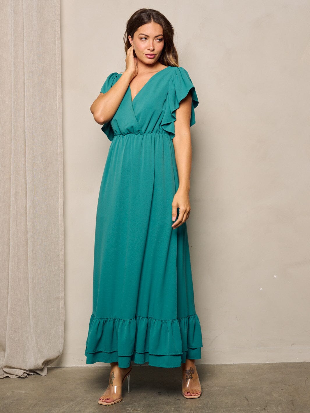 WOMEN'S SLEEVELESS RUFFLE SURPLICE BACK TIE MAXI DRESS