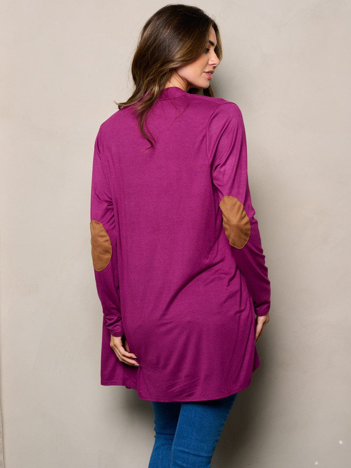 WOMEN'S LONG SLEEVE ELBOW PATCHED OPEN FRONT SOLID CARDIGAN