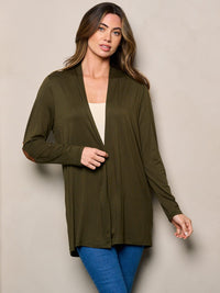 WOMEN'S LONG SLEEVE ELBOW PATCHED OPEN FRONT SOLID CARDIGAN