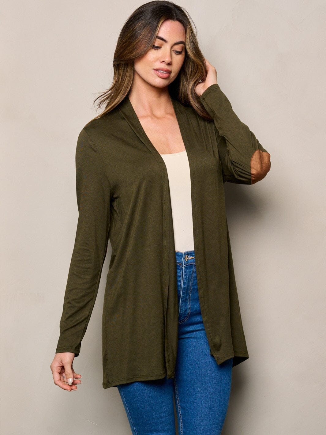WOMEN'S LONG SLEEVE ELBOW PATCHED OPEN FRONT SOLID CARDIGAN