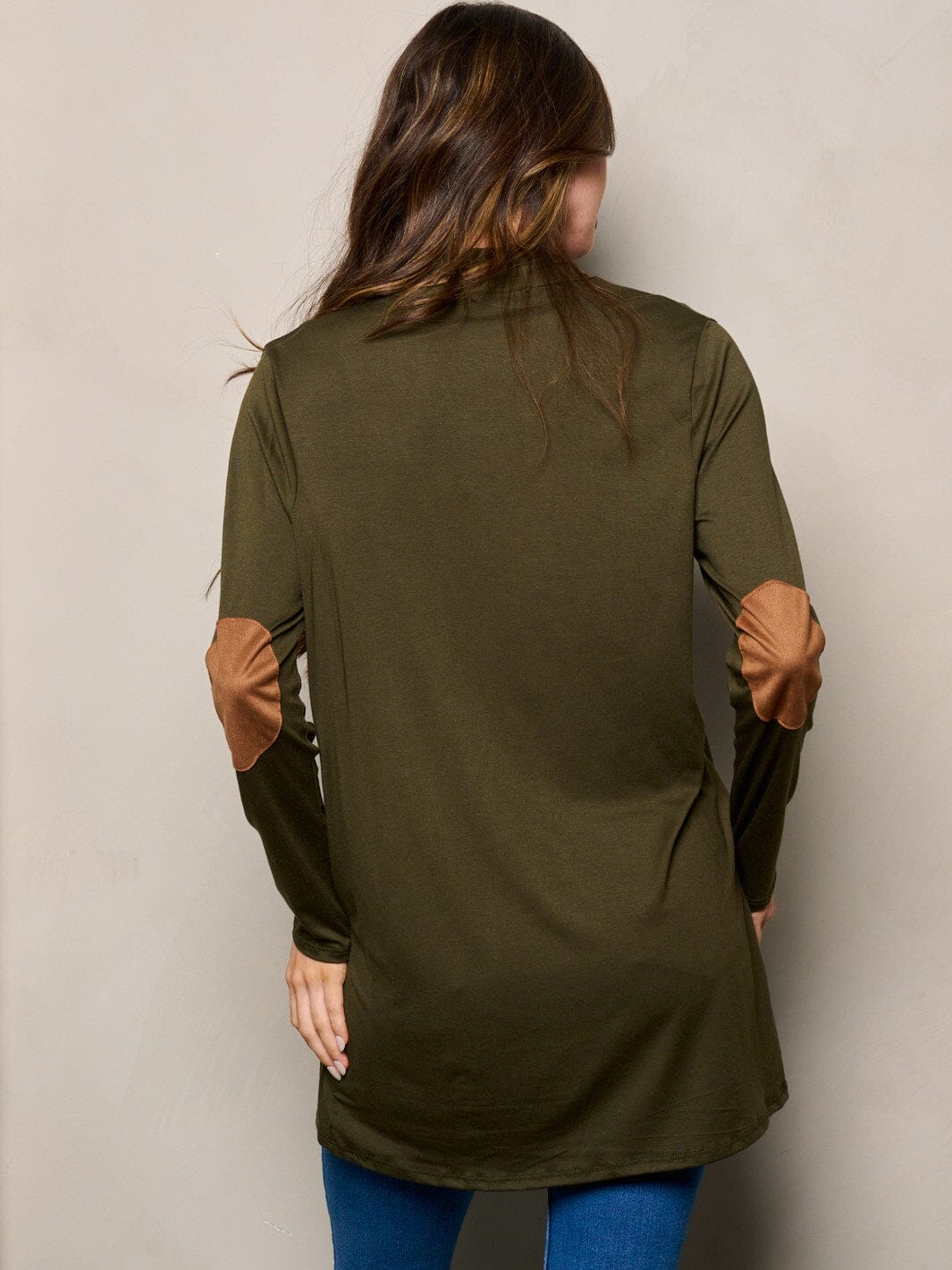 WOMEN'S LONG SLEEVE ELBOW PATCHED OPEN FRONT SOLID CARDIGAN