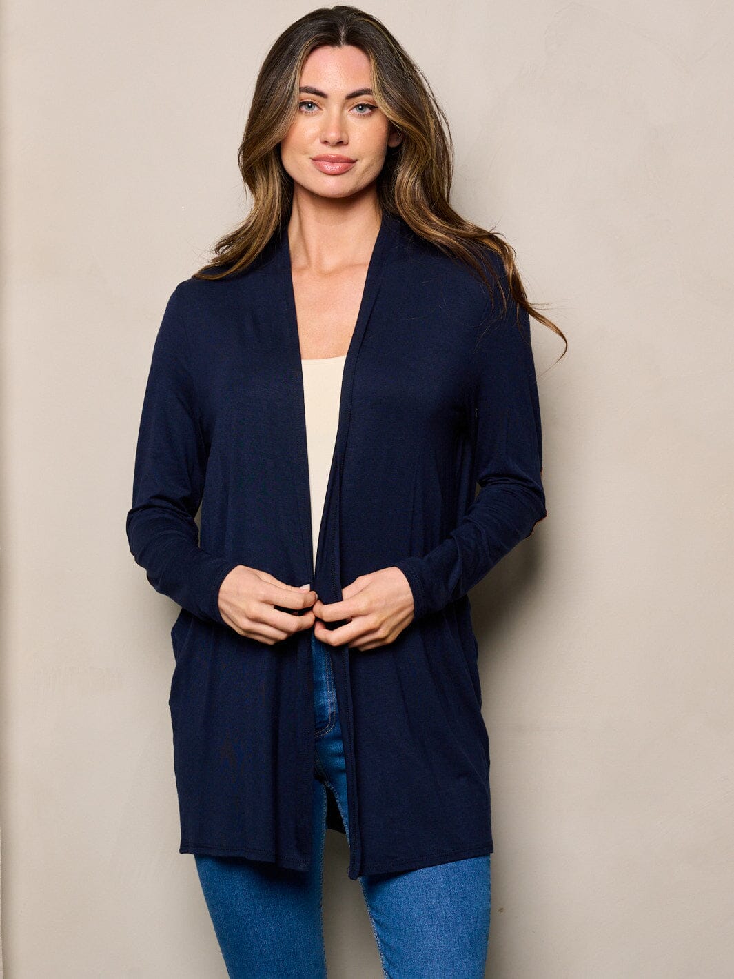 WOMEN'S LONG SLEEVE ELBOW PATCHED OPEN FRONT SOLID CARDIGAN