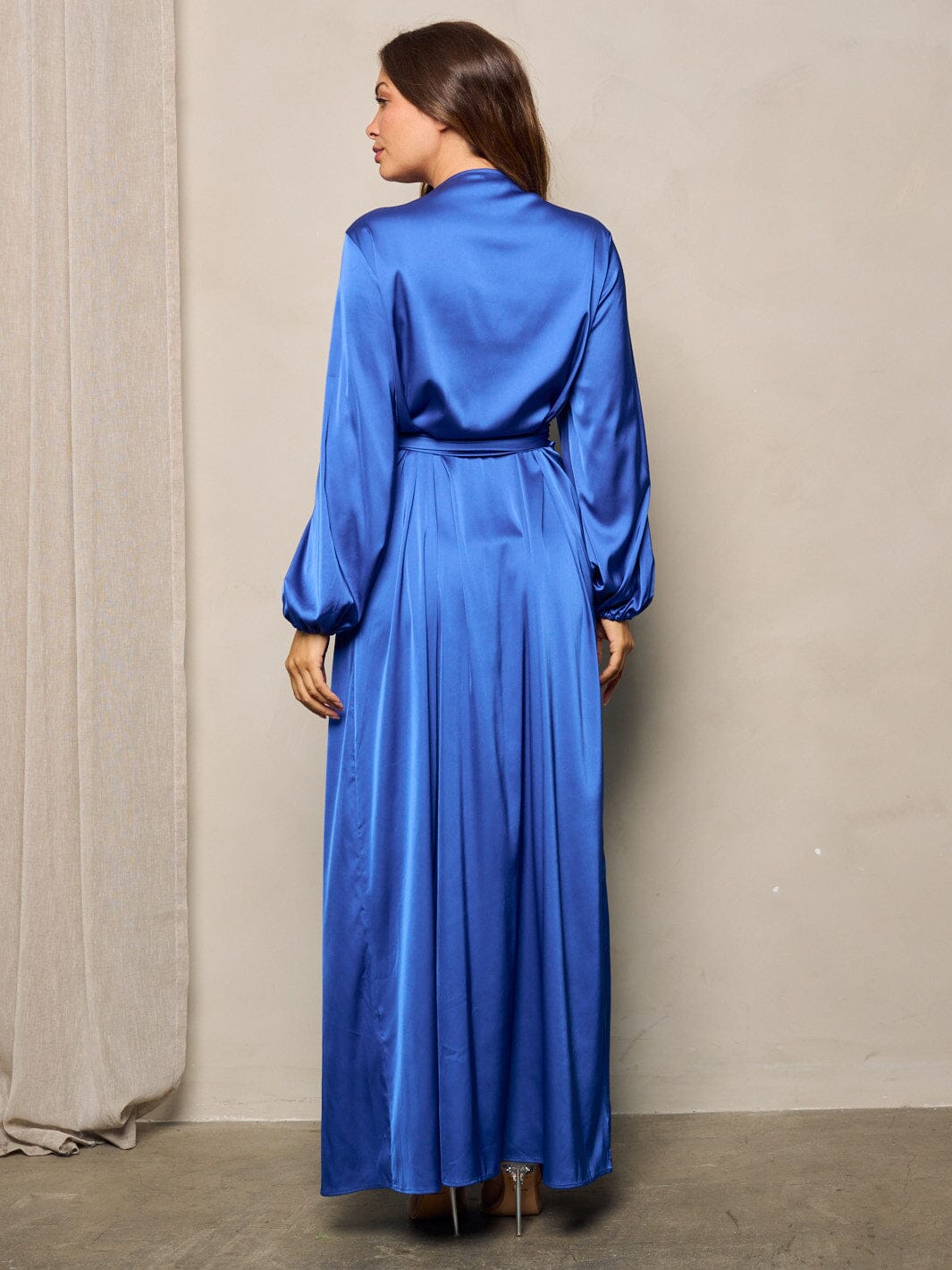 WOMEN'S LONG SLEEVES SELF TIE WRAP MAXI DRESS
