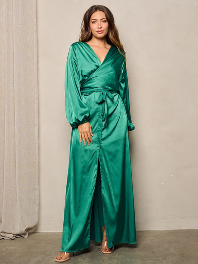 WOMEN'S LONG SLEEVES SELF TIE WRAP MAXI DRESS