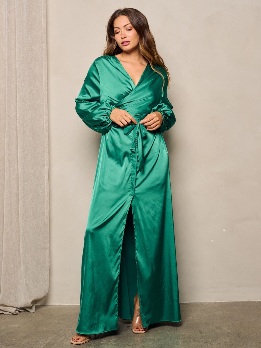 WOMEN'S LONG SLEEVES SELF TIE WRAP MAXI DRESS