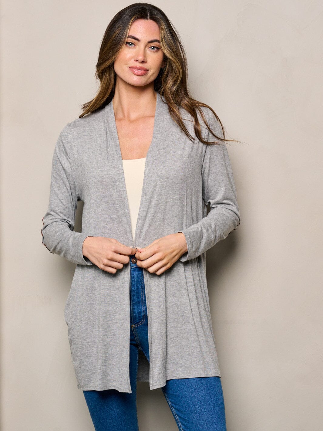 WOMEN'S LONG SLEEVE ELBOW PATCHED OPEN FRONT SOLID CARDIGAN