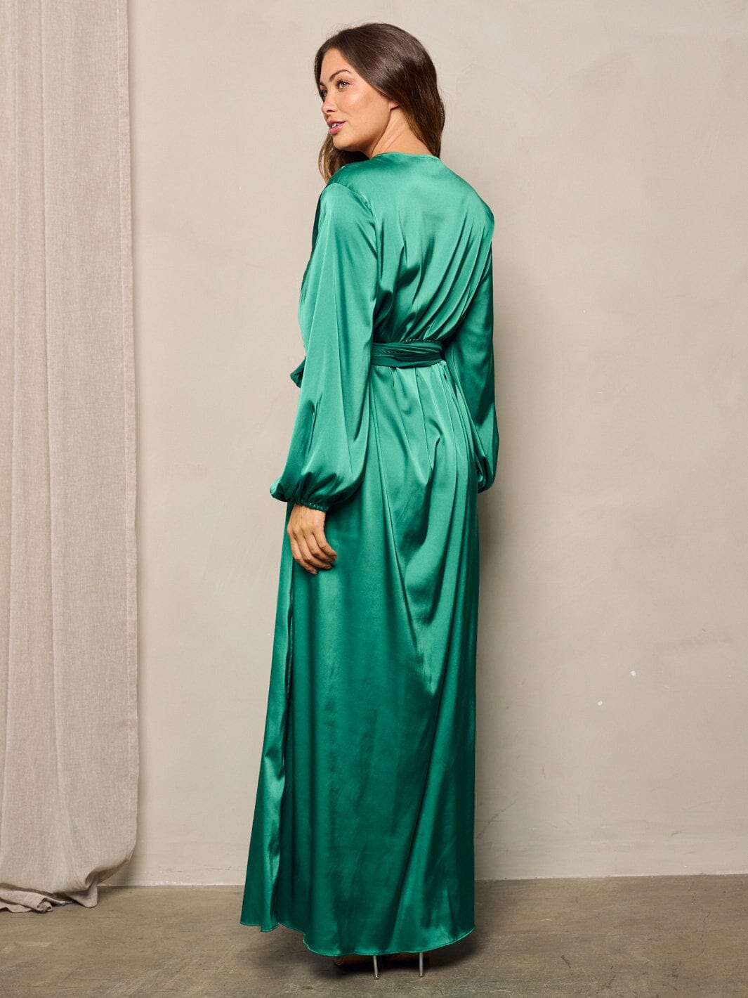 WOMEN'S LONG SLEEVES SELF TIE WRAP MAXI DRESS